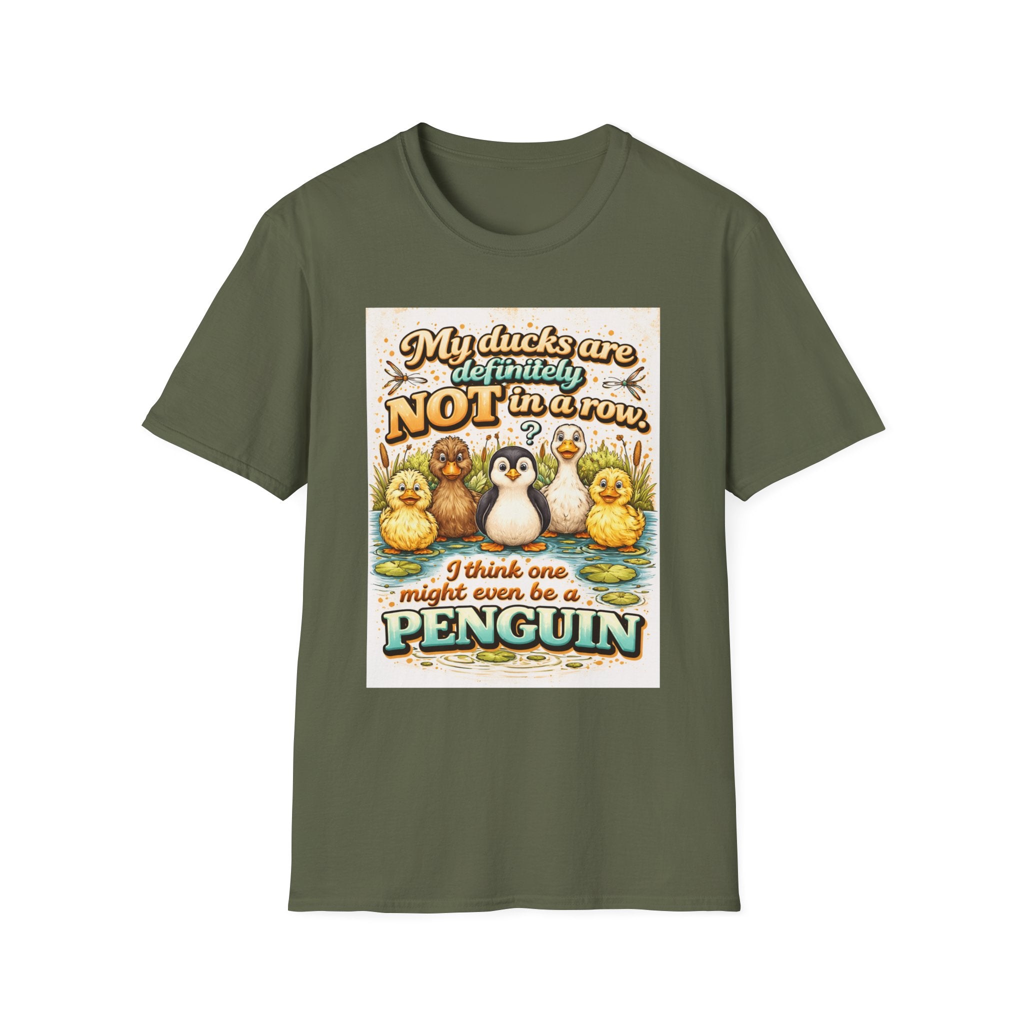 Duck Mom T‑Shirt — "My Ducks Are Definitely Not In A Row (One Might Be A Penguin)" Cute Pond Bird Tee