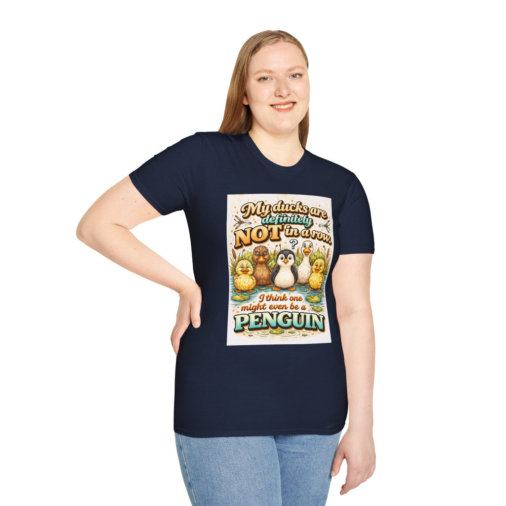 Duck Mom T‑Shirt — "My Ducks Are Definitely Not In A Row (One Might Be A Penguin)" Cute Pond Bird Tee
